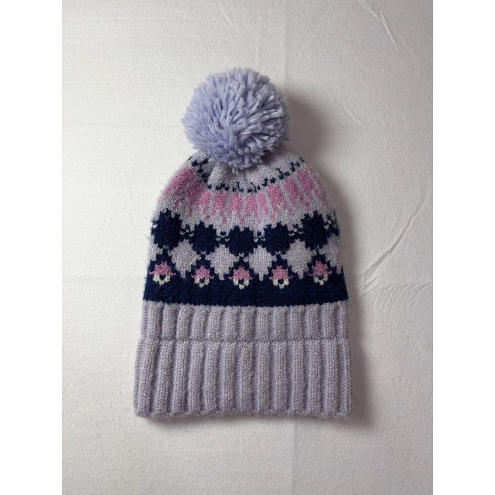 Nordstrom Fair Isle Pom Pom Beanie Lavender Ski Chalet Cozycore Winter Hat OS